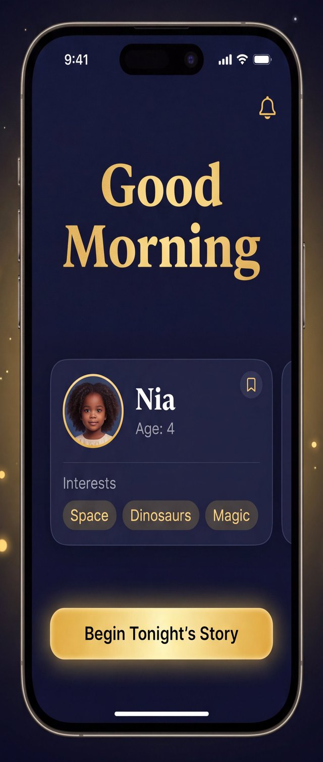 lullastar app screen showing a child's profile card with name, age, and interests, and a "Begin Tonight's Story" button